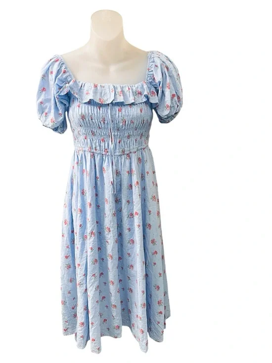 R Vivimos Blue Floral Cottagecore Dress Large 12 14 Milkmaid Puff Sleeve Smocked - Picture 4 of 9
